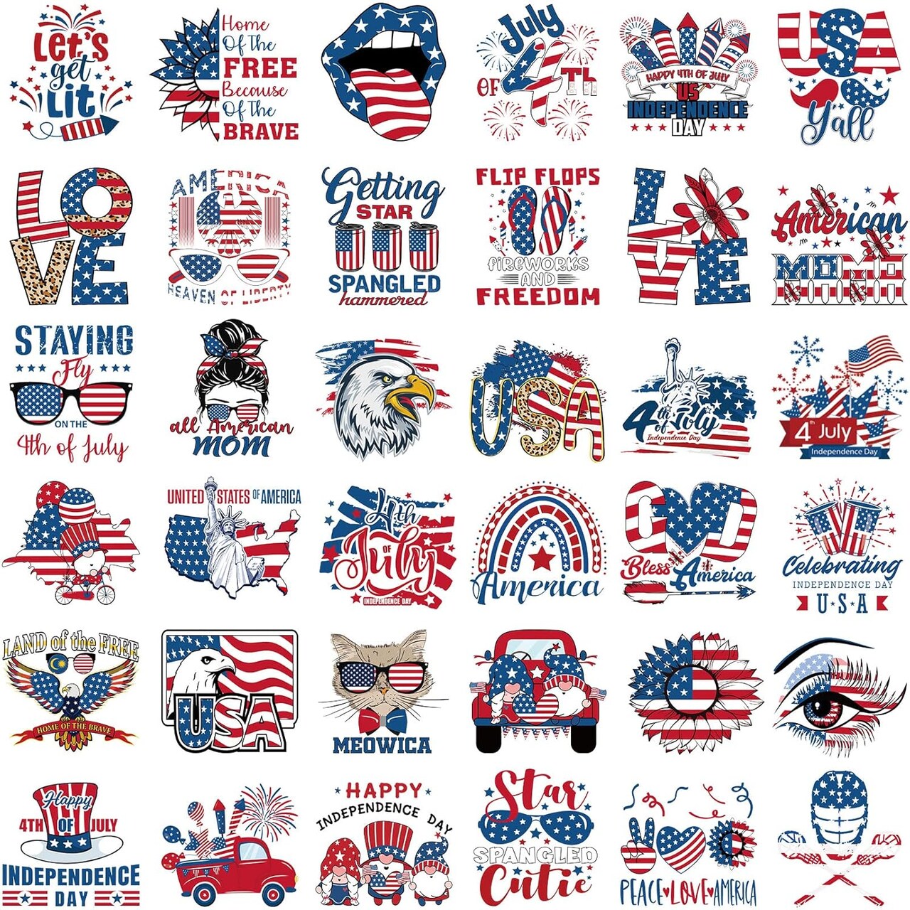 36 Pcs 4th of July Iron On Transfers – Patriotic Heat Transfer Vinyl Decals for Clothing, Bags, Shirts, Jackets, DIY Crafts & Independence Day Decorations